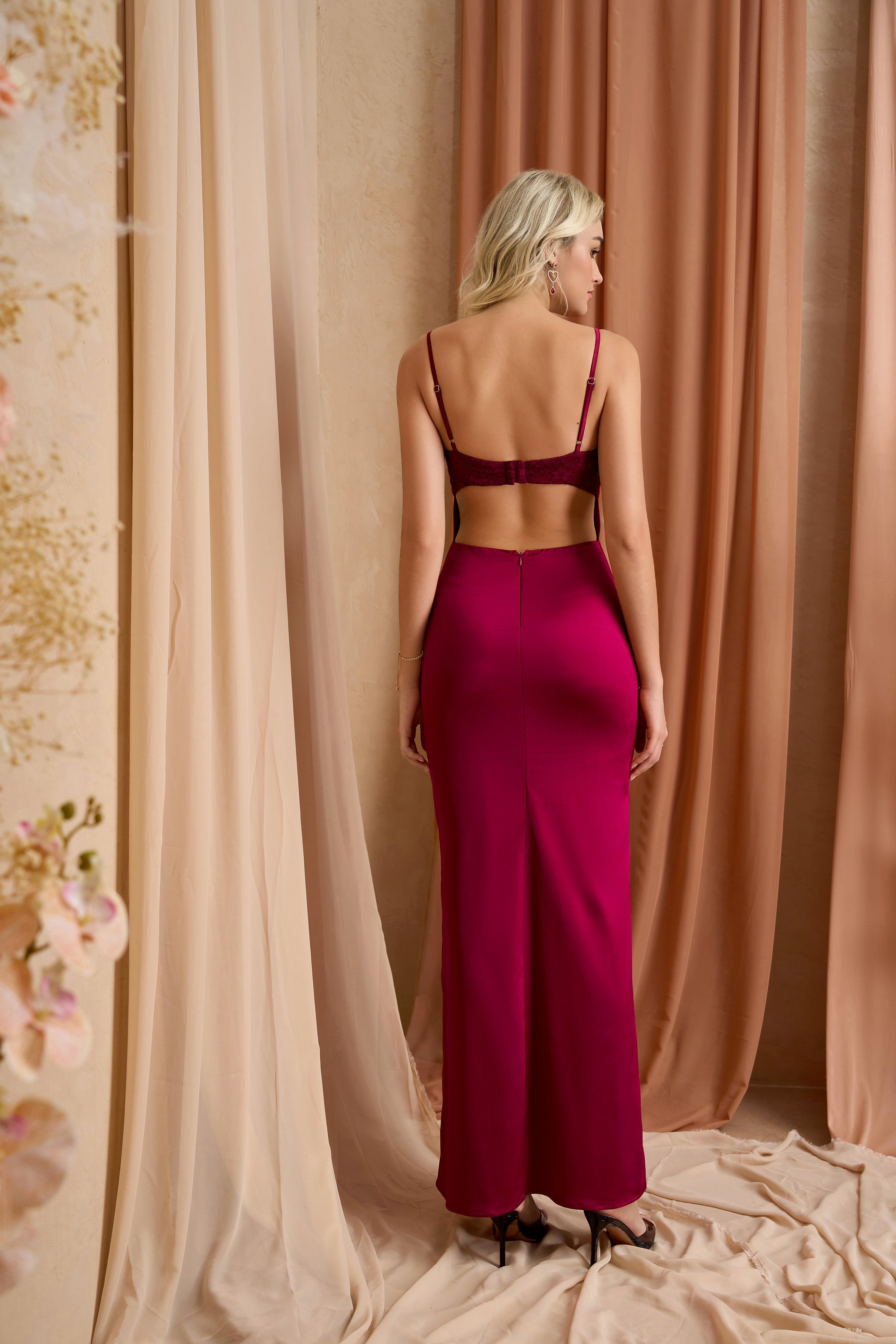 Backless Ruched Bust Zipper Back Satin Dress