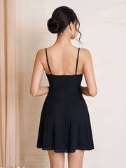 Backless Ruffle Trim Ruched Mesh Dress