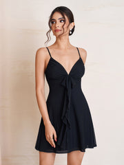 Backless Ruffle Trim Ruched Mesh Dress