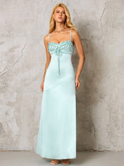 Backless Ruffle Trim Tie Front Satin Dress
