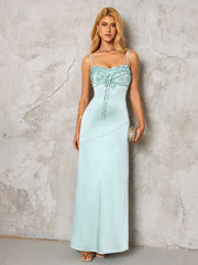 Backless Ruffle Trim Tie Front Satin Dress