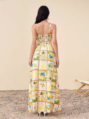 Backless Split Thigh Floral Print Maxi Dress