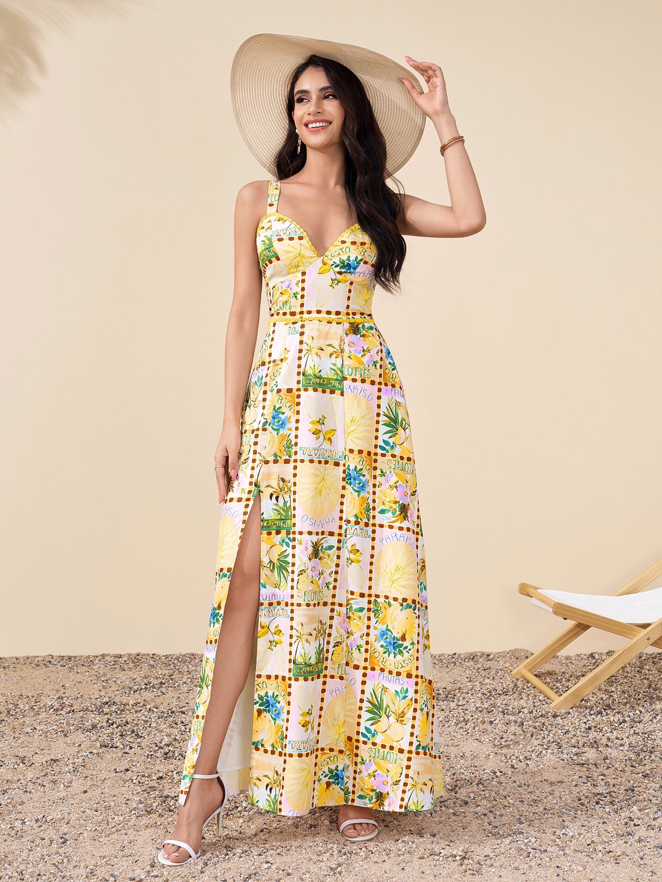 Backless Split Thigh Floral Print Maxi Dress
