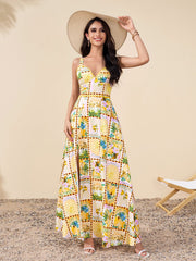 Backless Split Thigh Floral Print Maxi Dress