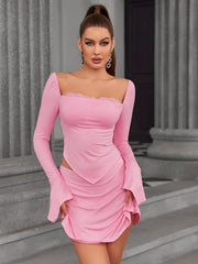 Bell Sleeve Backless Tie Back Top&Bodycon Skirt