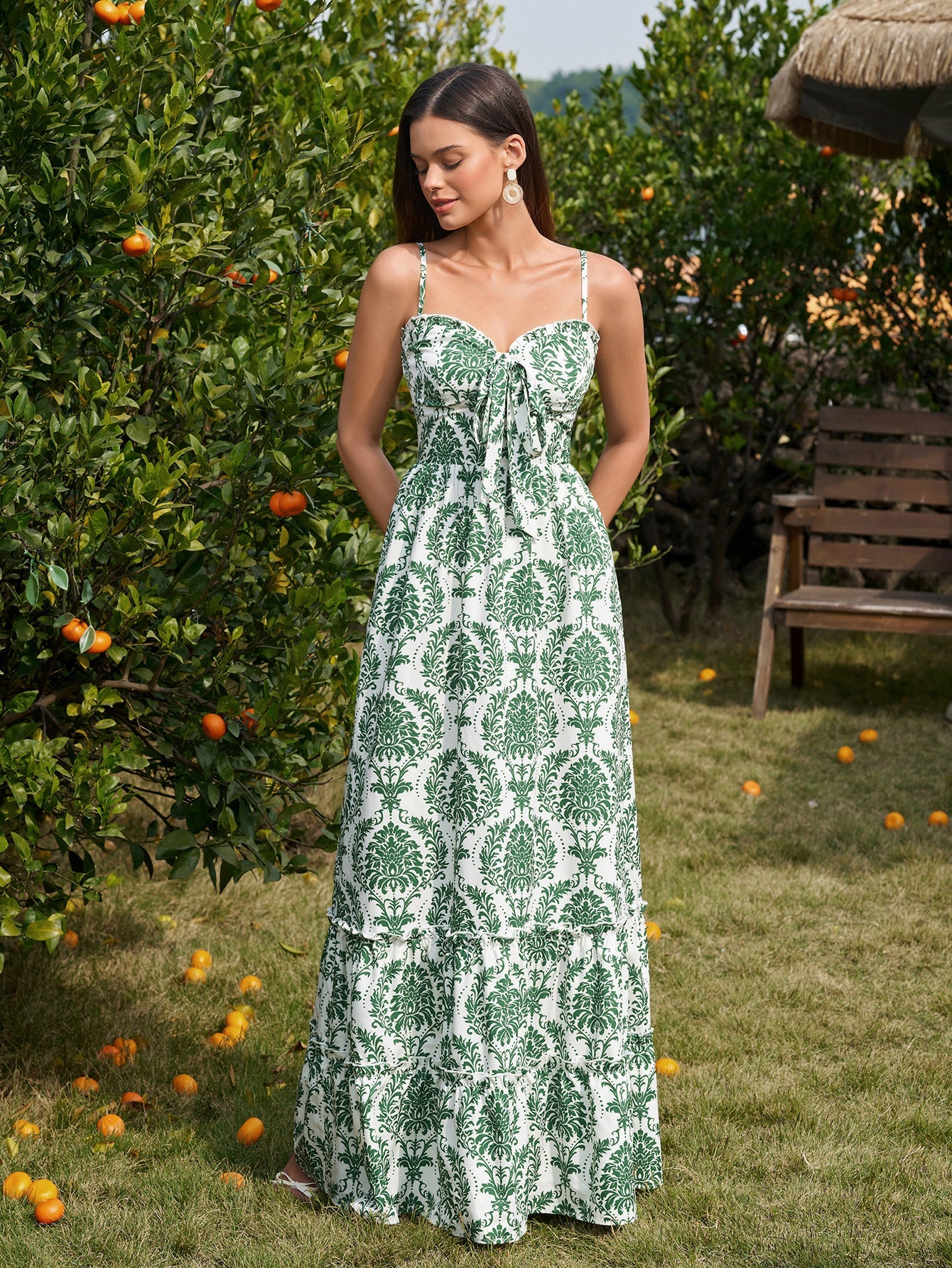 Bow Tie Front Flounce Trim Pocket Floral Print Dress