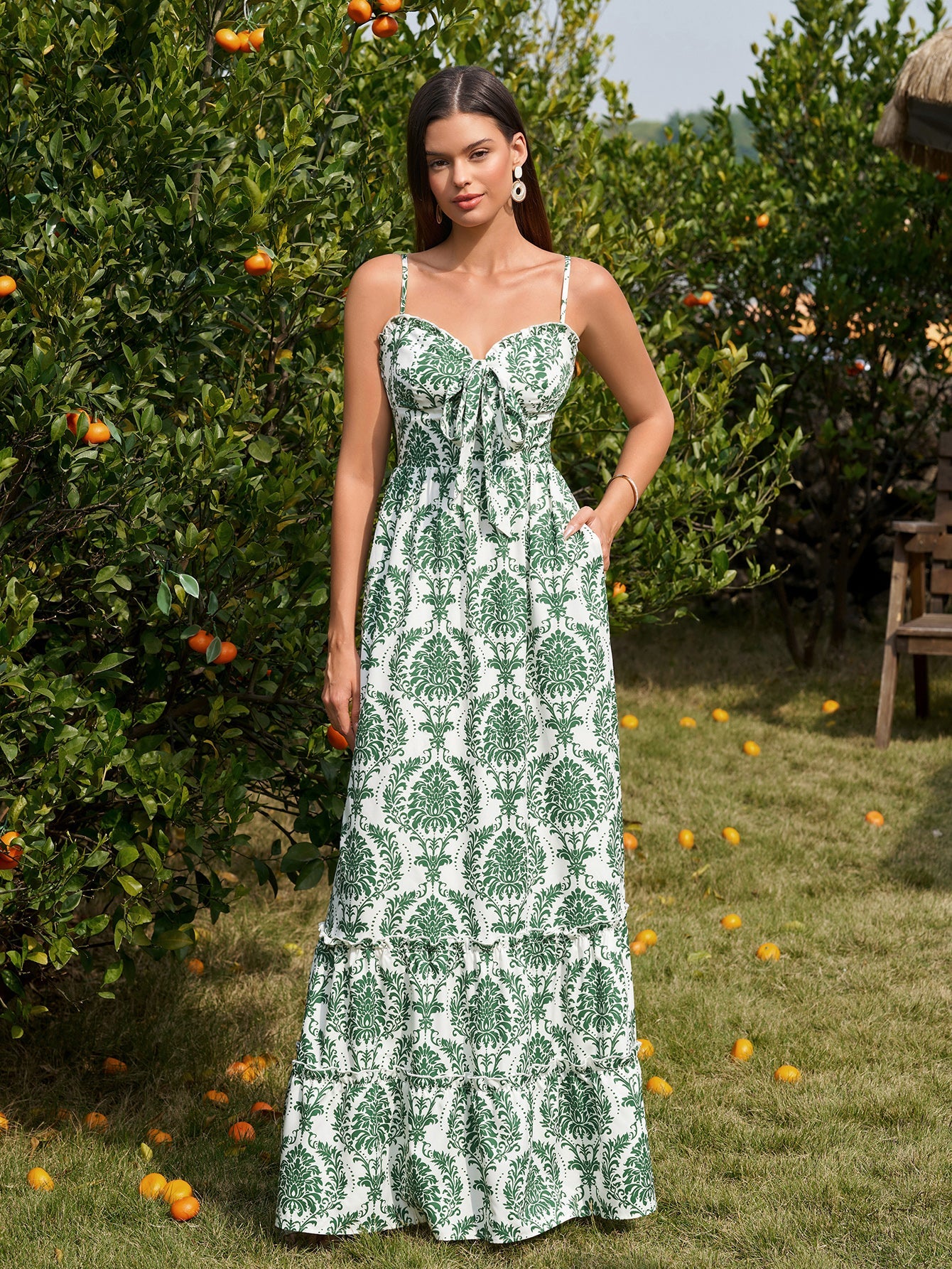 Bow Tie Front Flounce Trim Pocket Floral Print Dress