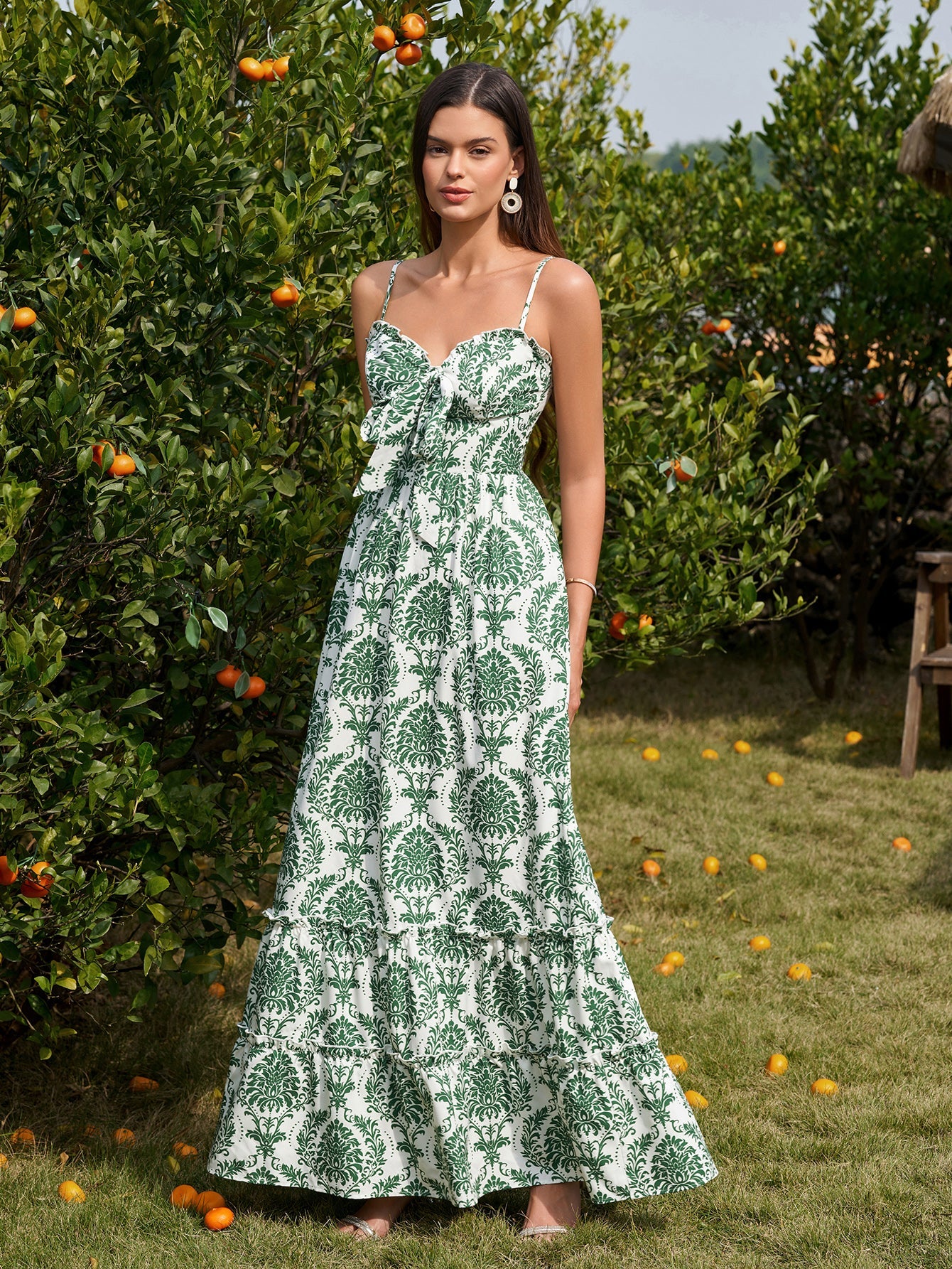 Bow Tie Front Flounce Trim Pocket Floral Print Dress