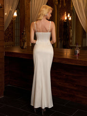 Button Front Backless Zipper Back Satin Prom Dress