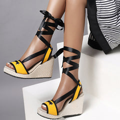 Colorblock Crossover Lace-up Wedge Sandals