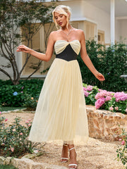 Contrast Ruched Bust Mesh Midi Tube Dress