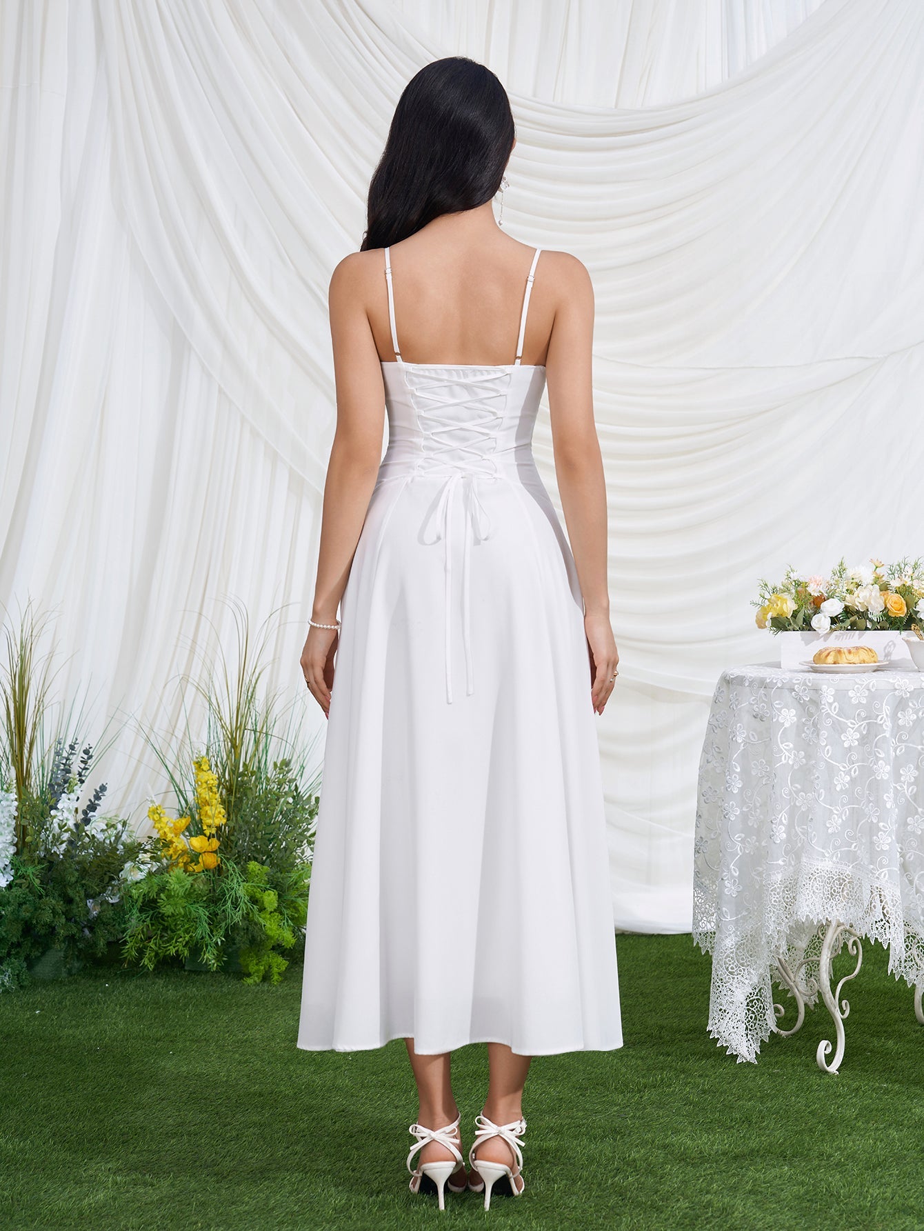Crisscross Back Corset Lace Trim Cami Dress