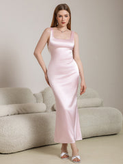 Crisscross Back Square Neck Satin Long Dress