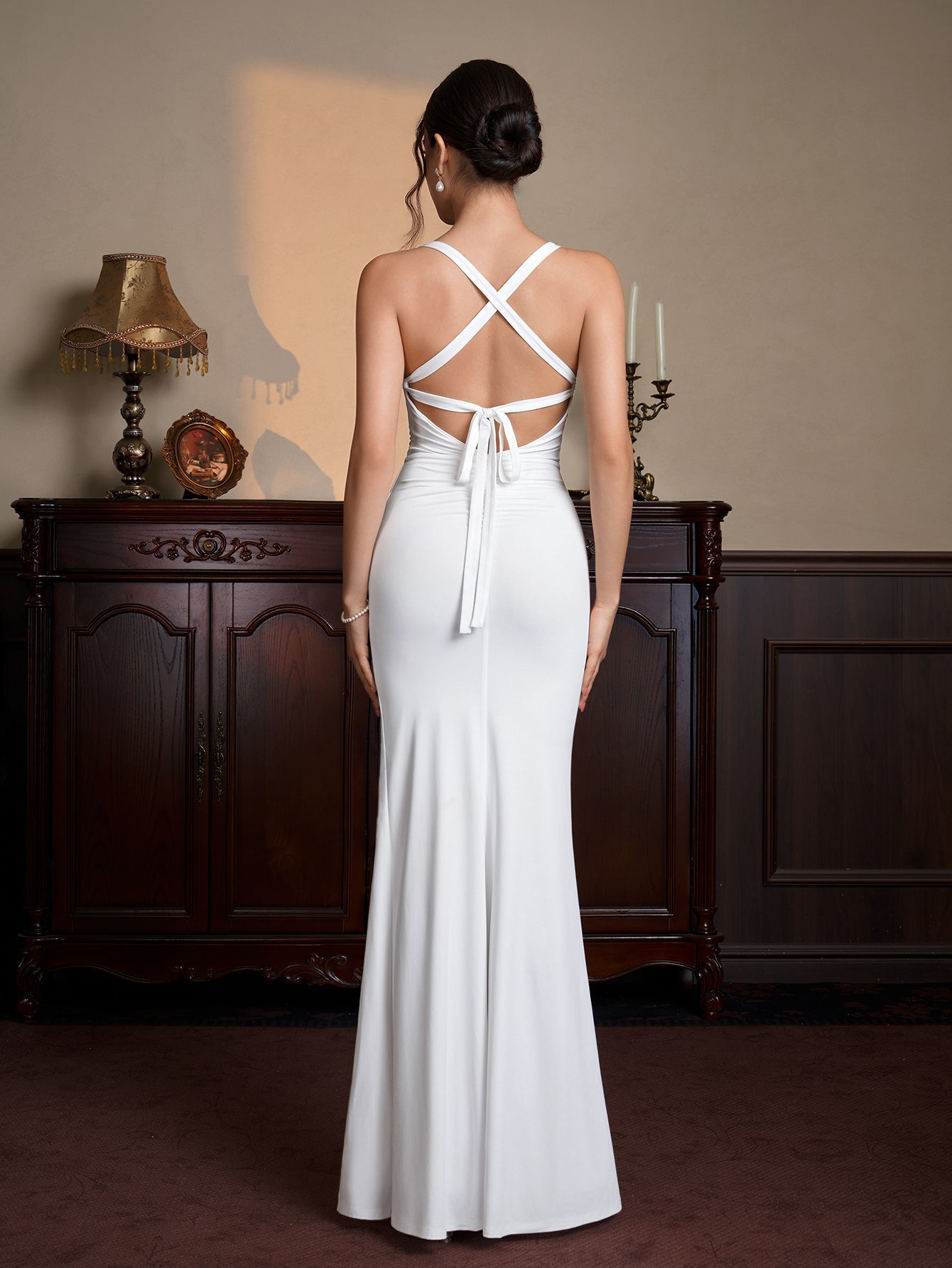 Crisscross Tie Back Ruched Split Maxi Dress