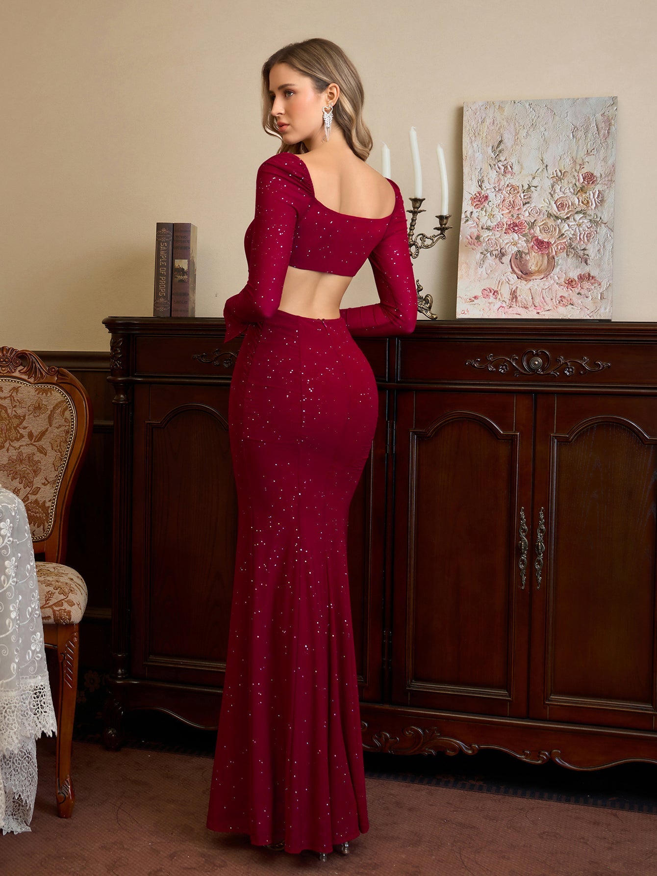 Cut Out Backless Split Thigh Mermaid Hem Glitter Dress