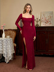 Cut Out Backless Split Thigh Mermaid Hem Glitter Dress