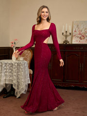 Cut Out Backless Split Thigh Mermaid Hem Glitter Dress