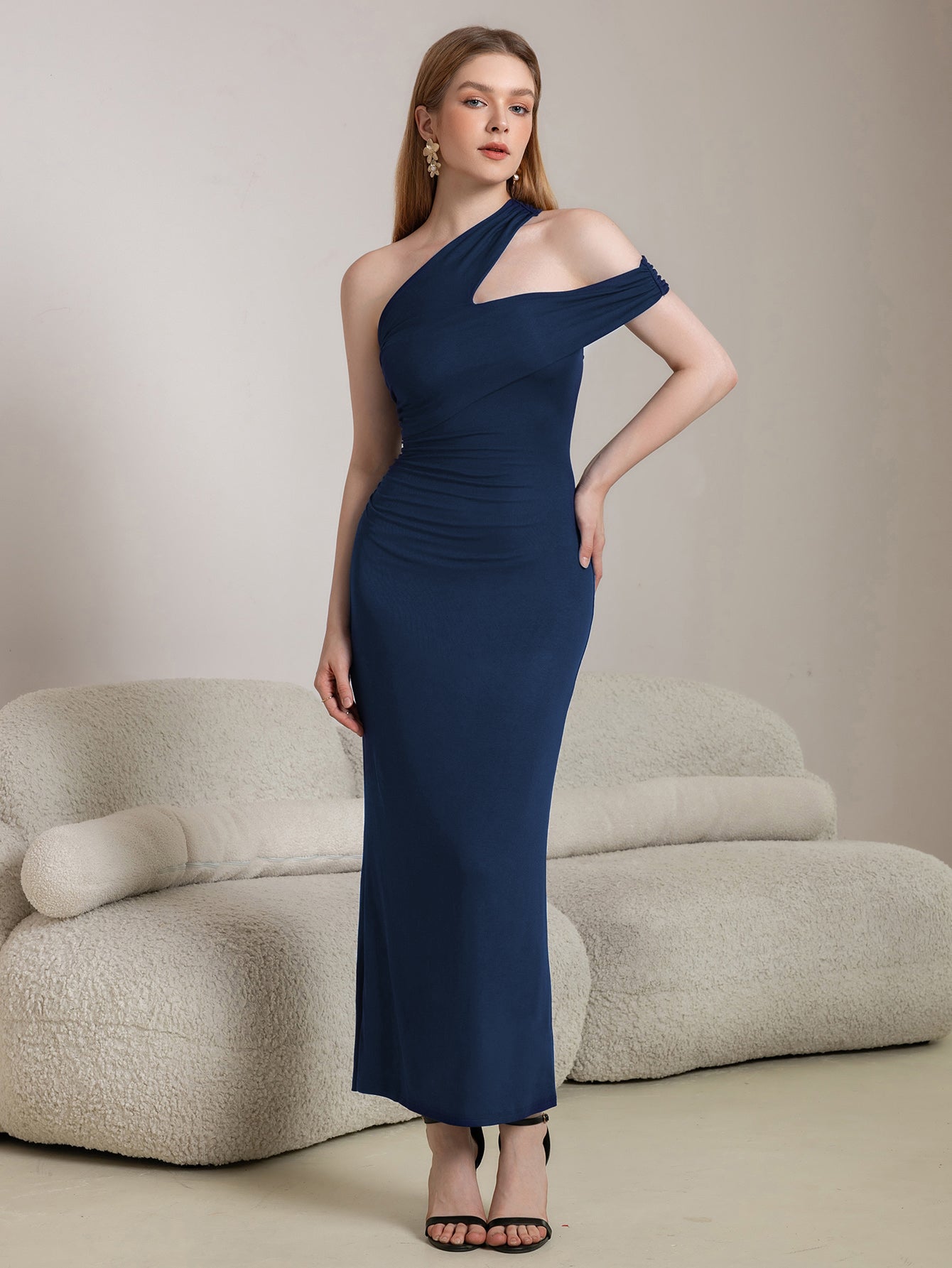 Cut Out One Shoulder Ruched Bodycon Long Dress