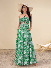 Cut Out Ruched Pocket Floral Print Maxi Dress