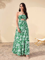 Cut Out Ruched Pocket Floral Print Maxi Dress