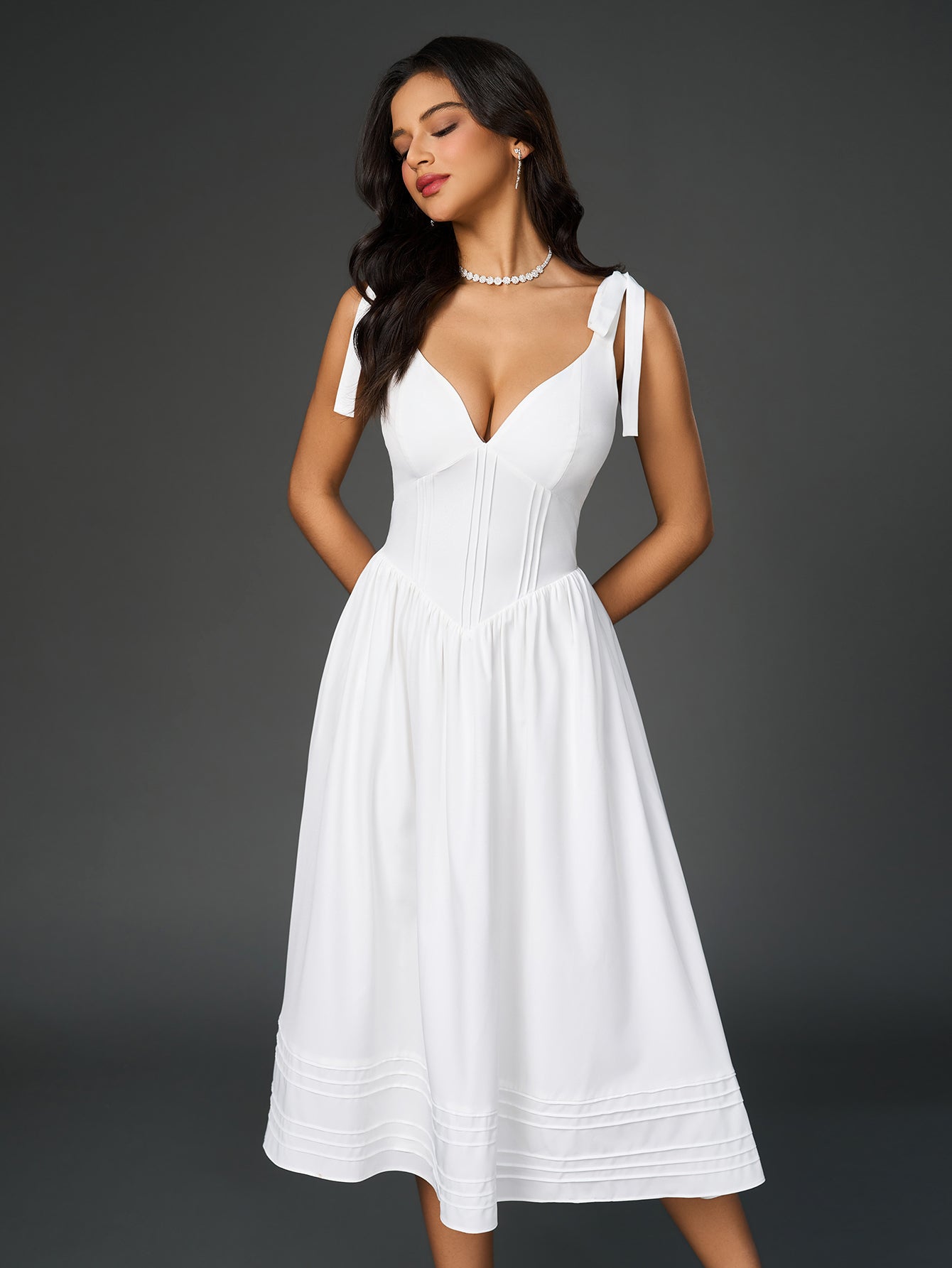Sexy Solid V-Neck Ruched Midi Dress
