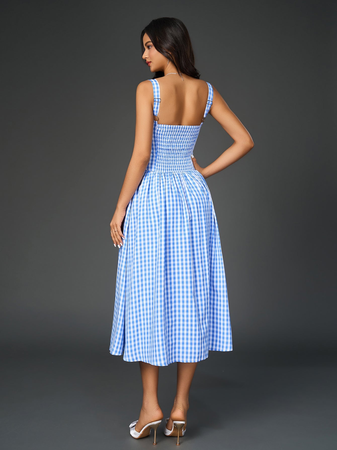 French Plaid Print Ruched Slip Midi Dress
