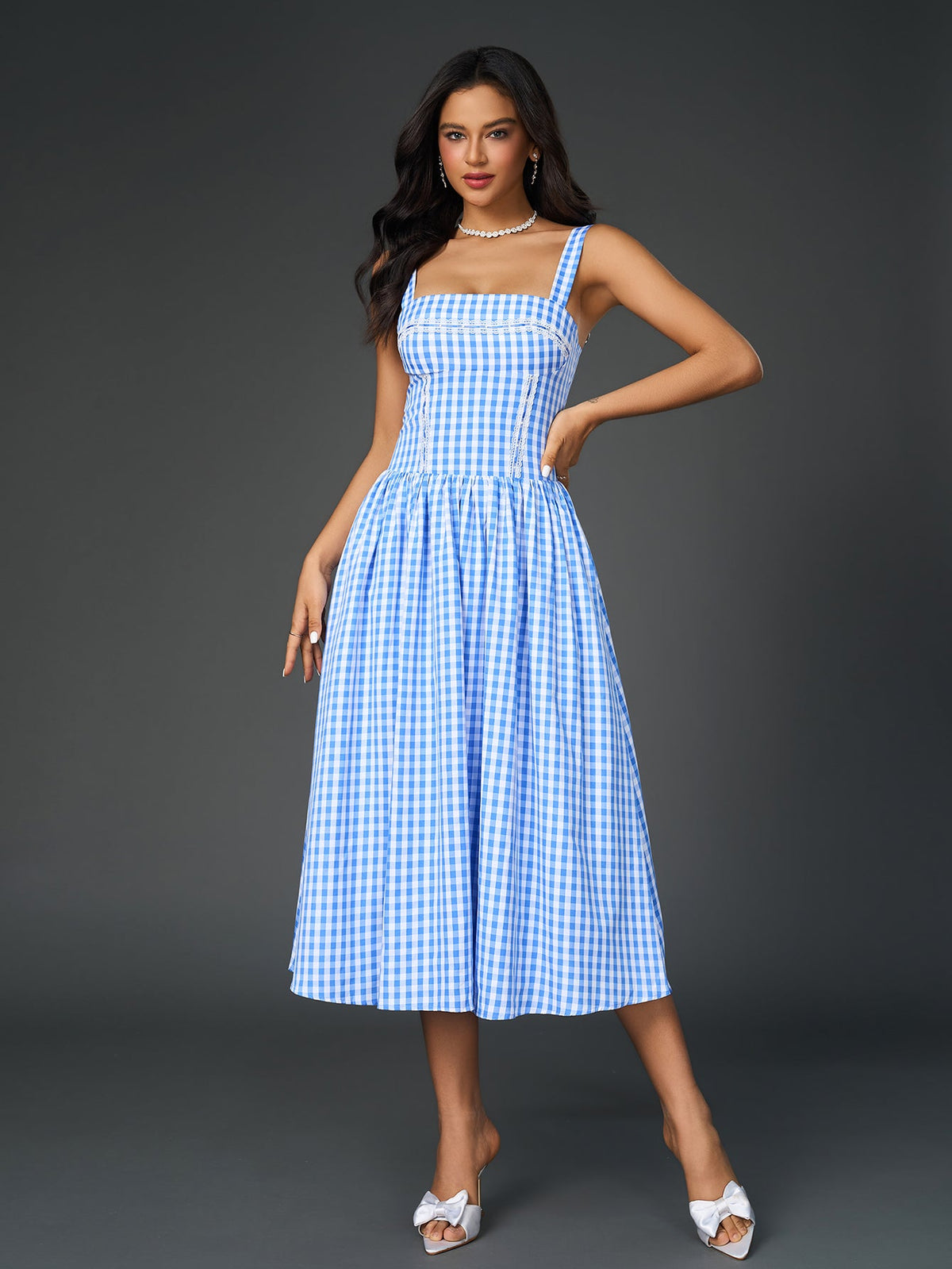 French Plaid Print Ruched Slip Midi Dress