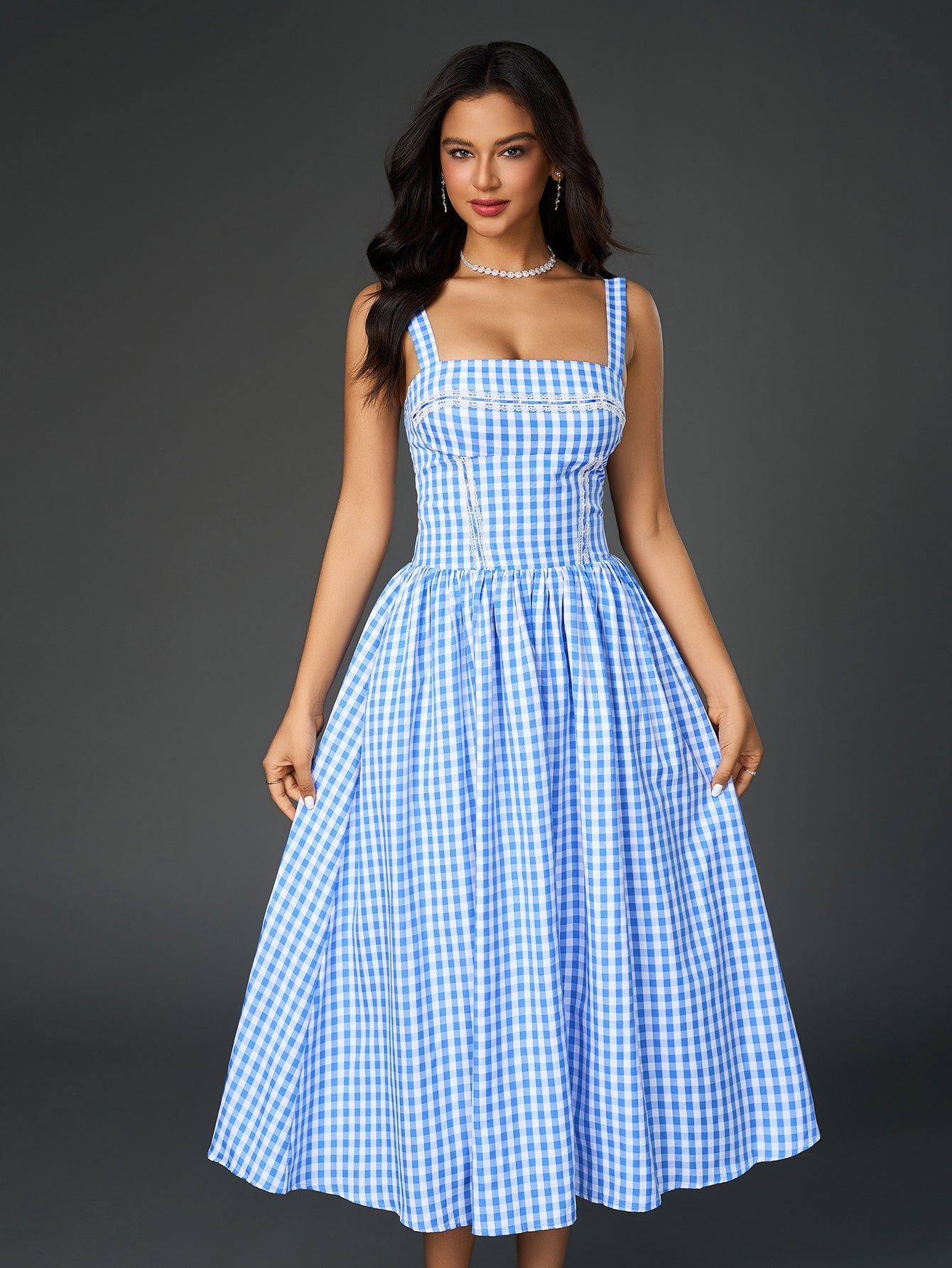 French Plaid Print Ruched Slip Midi Dress