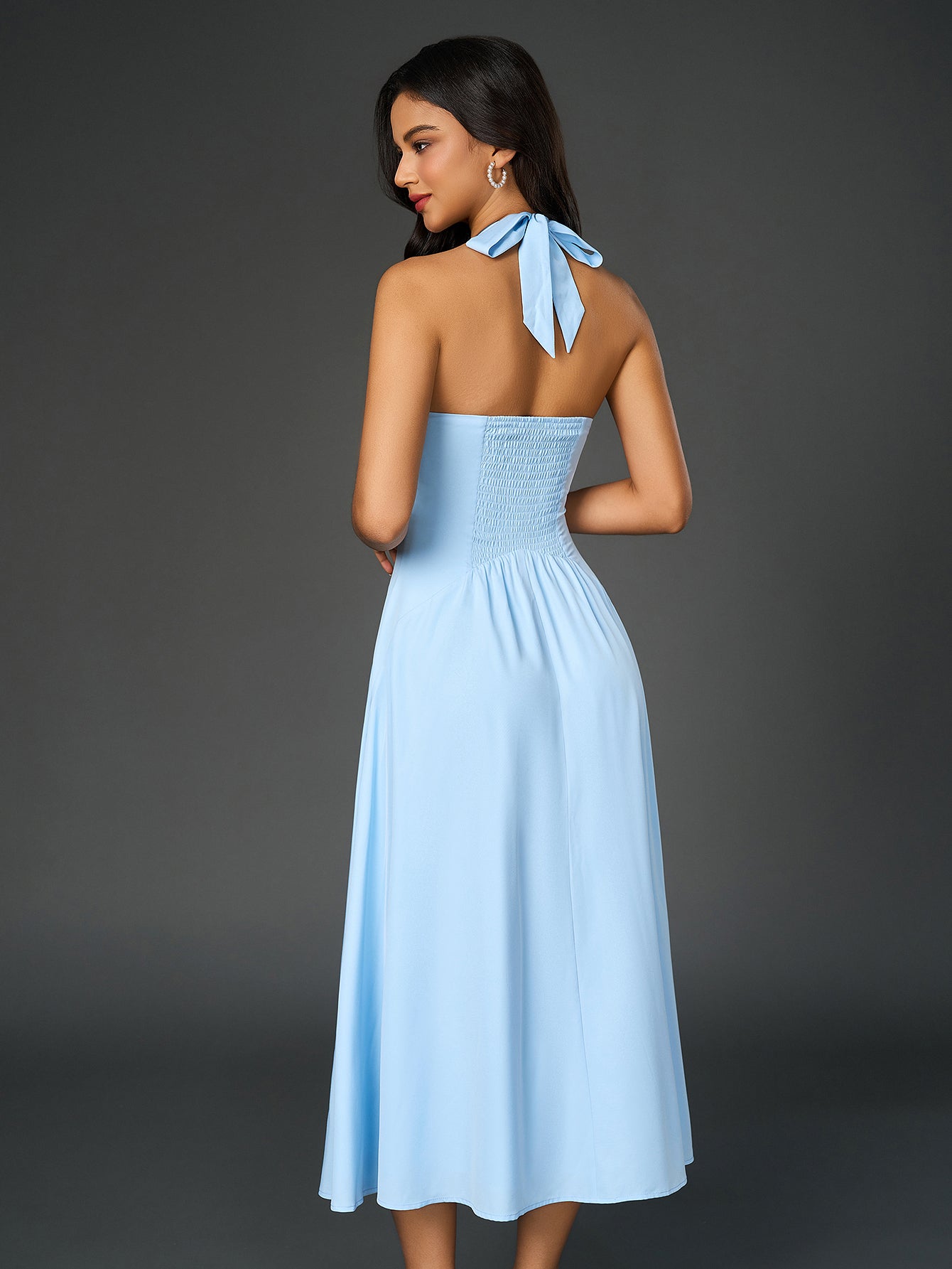Sexy Solid V-Neck Ruched Halter Neck Midi Dress