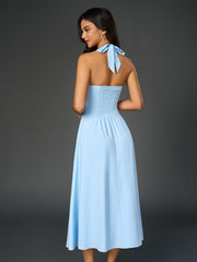 Sexy Solid V-Neck Ruched Halter Neck Midi Dress