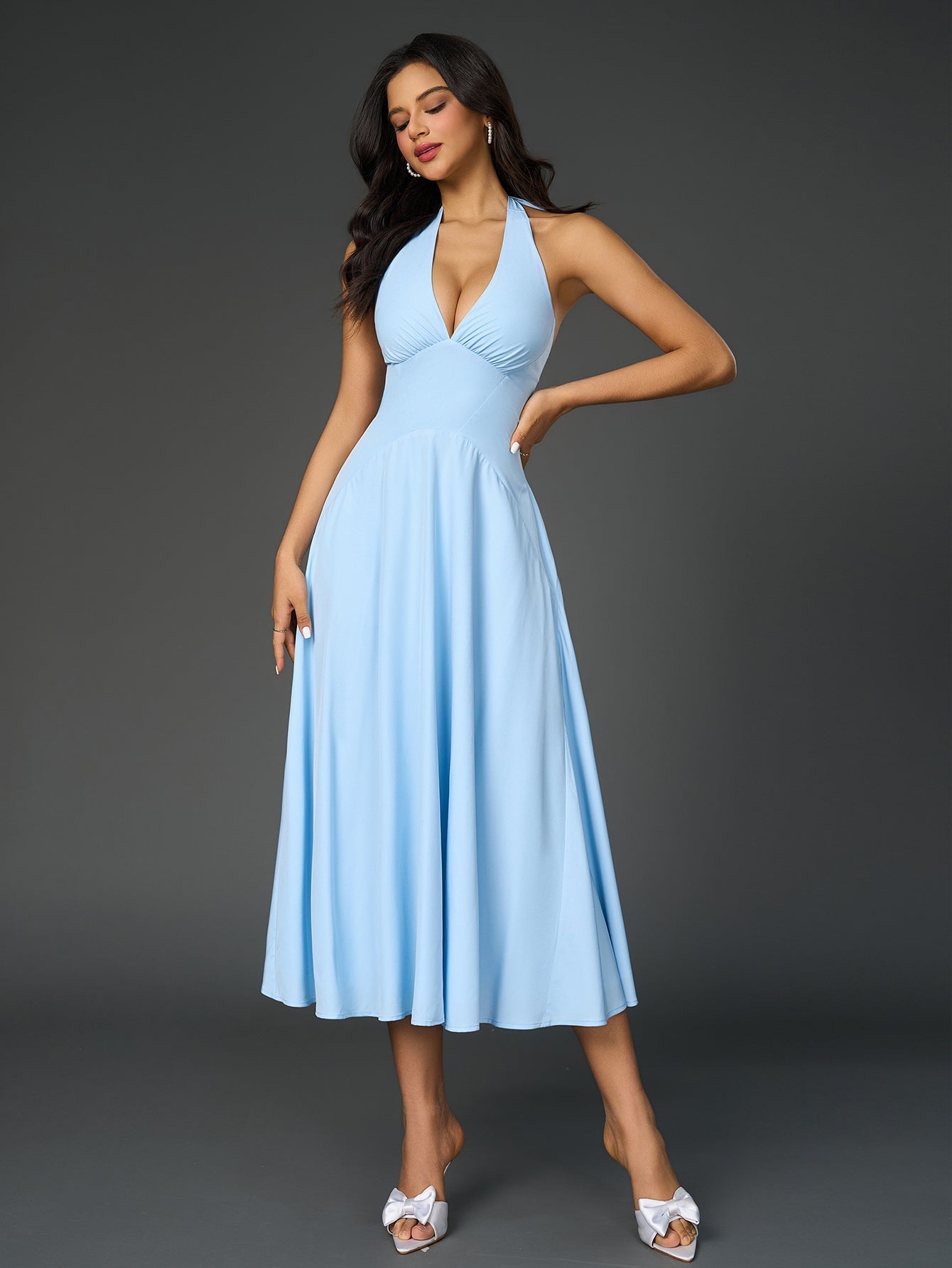 Sexy Solid V-Neck Ruched Halter Neck Midi Dress
