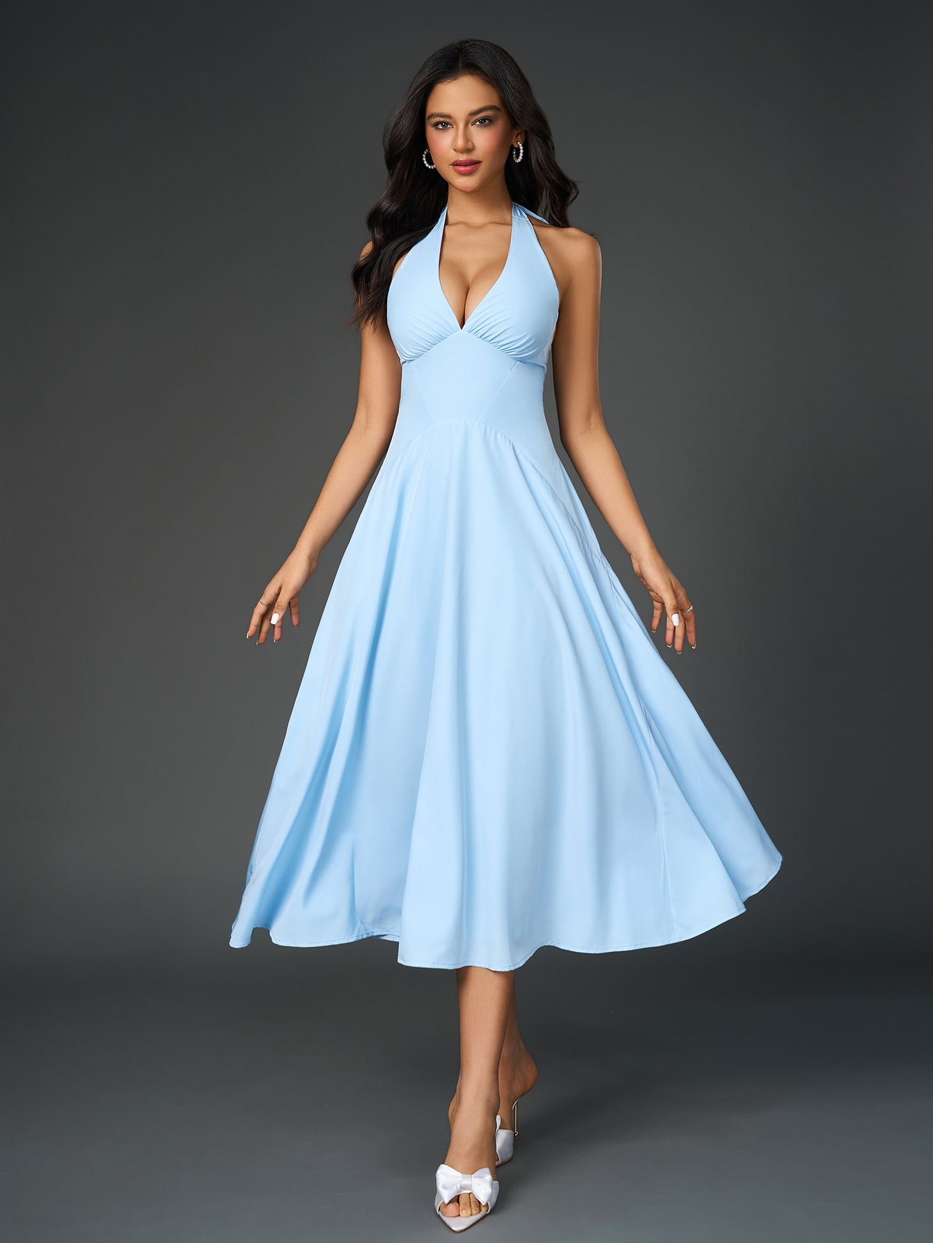 Sexy Solid V-Neck Ruched Halter Neck Midi Dress