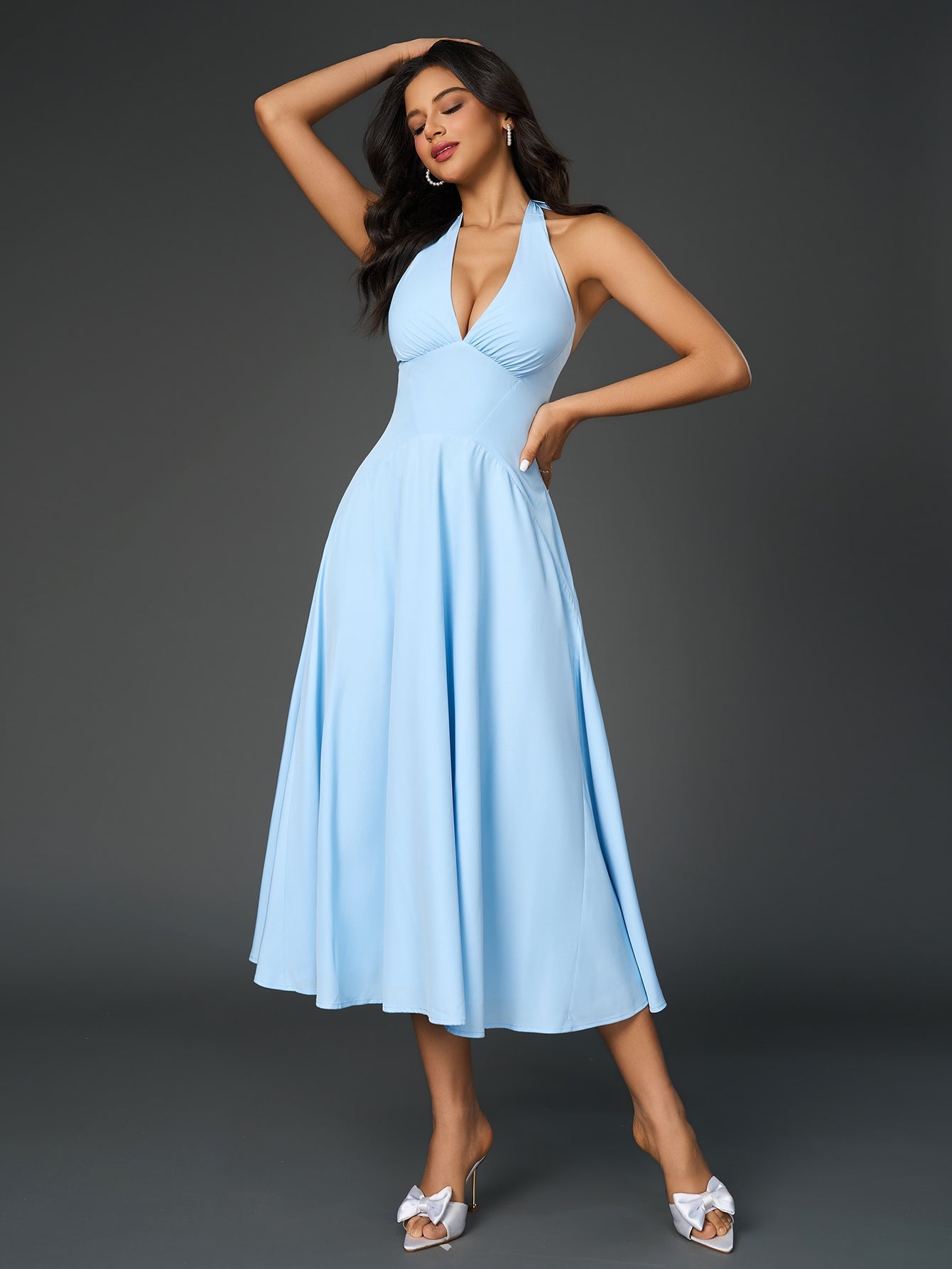 Sexy Solid V-Neck Ruched Halter Neck Midi Dress
