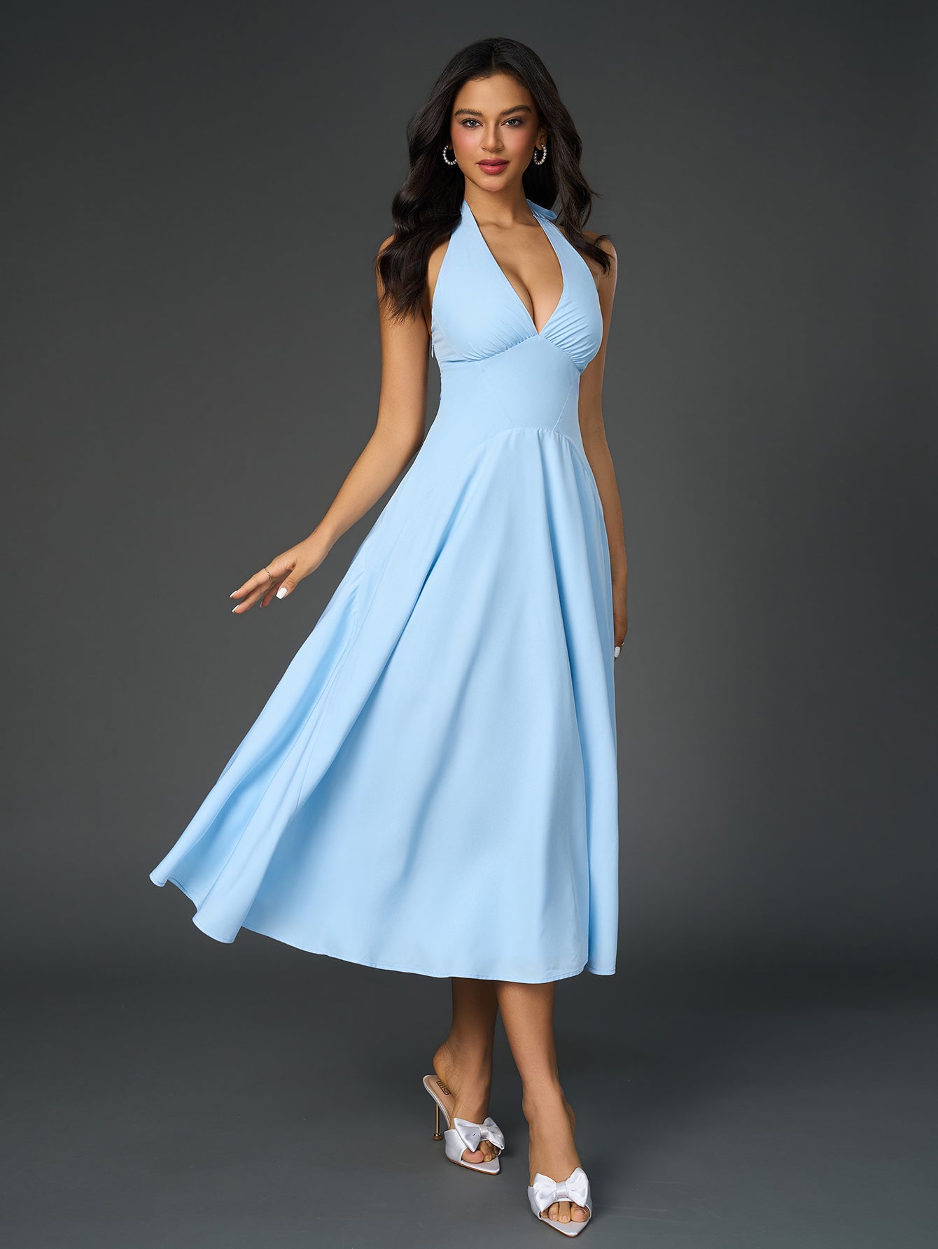 Sexy Solid V-Neck Ruched Halter Neck Midi Dress