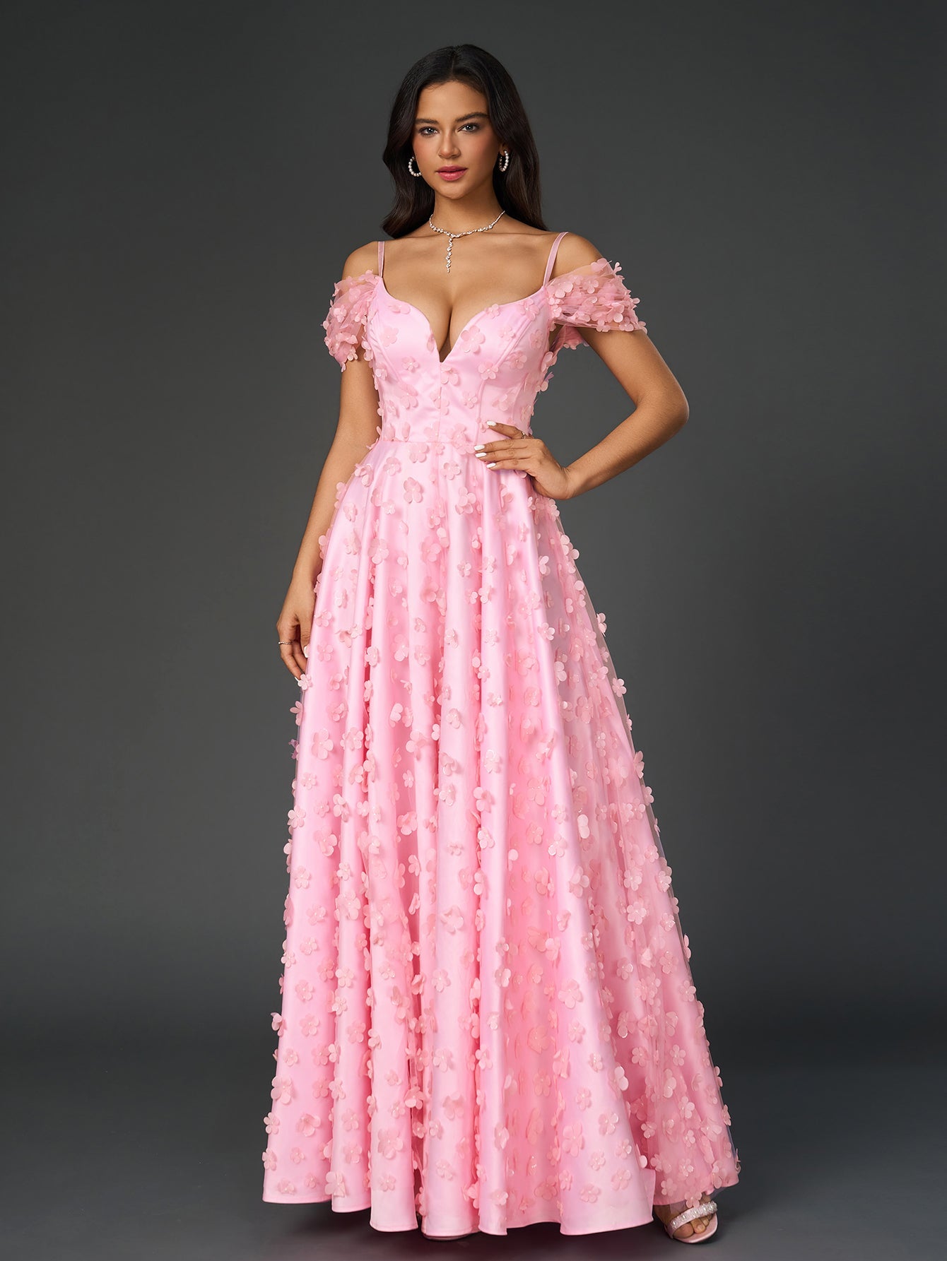 Flowers Embellished Ruched Prom Party Gowns