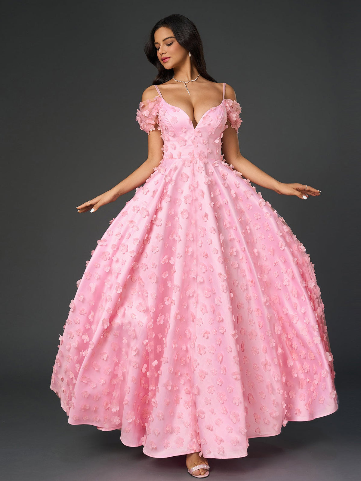 Flowers Embellished Ruched Prom Party Gowns