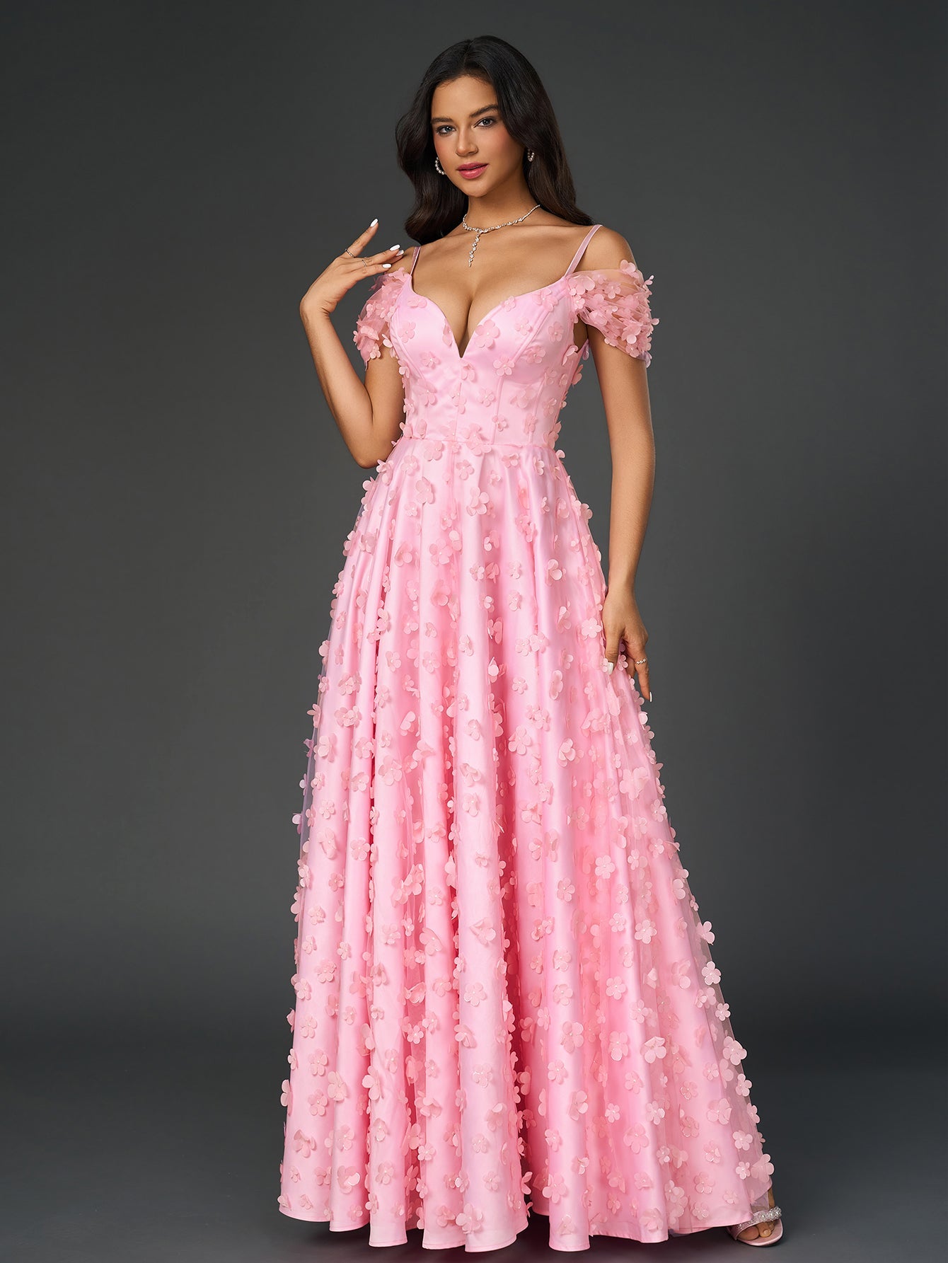 Flowers Embellished Ruched Prom Party Gowns
