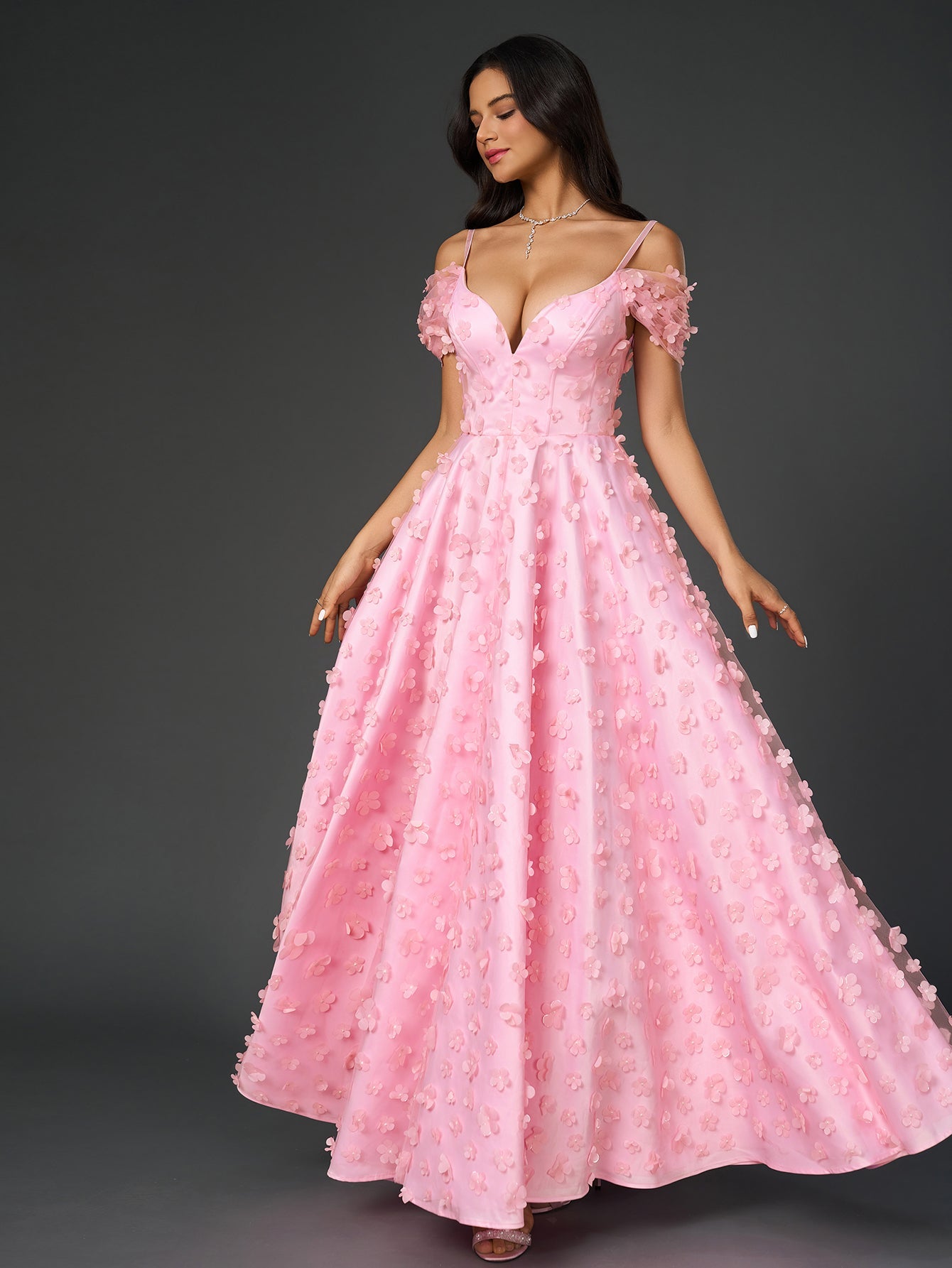 Flowers Embellished Ruched Prom Party Gowns