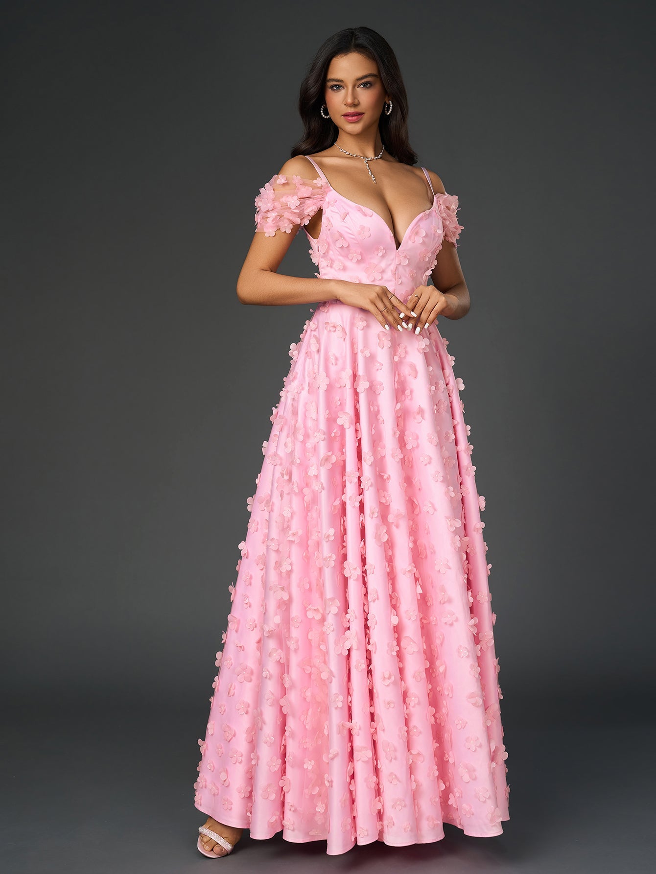 Flowers Embellished Ruched Prom Party Gowns