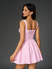 French Plaid Print Ruched Slip Mini Dress