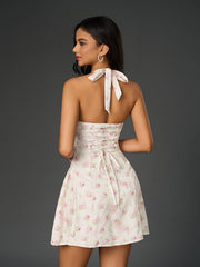 Temperament Halter Neck Sleeveless Backless Floral Mini Dress