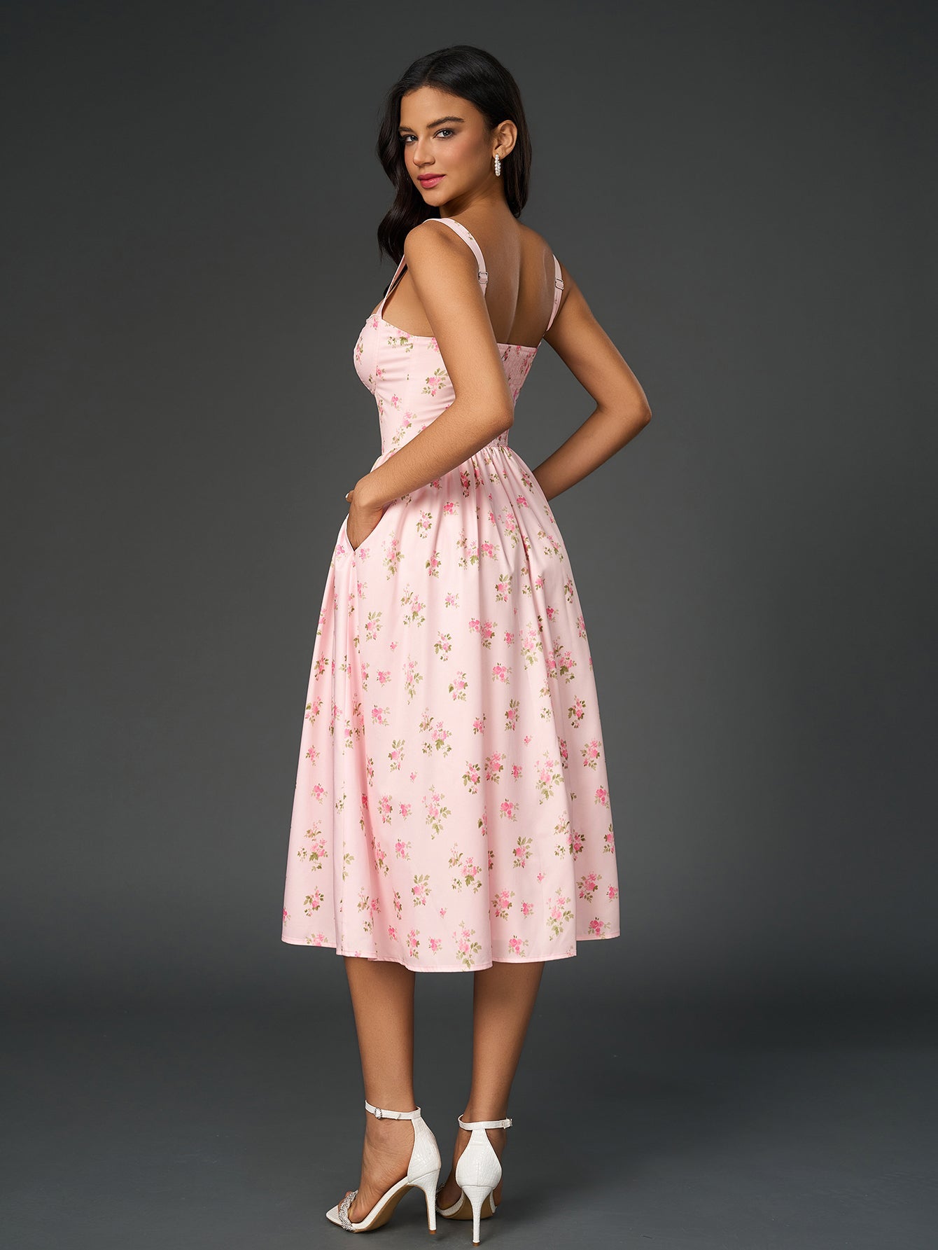 Square Neck Slip Backless High-Slit Floral Midi Dress