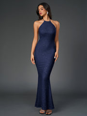 Sexy Sparkly Sleeveless Backless Ruched Bodycon Maxi Dress