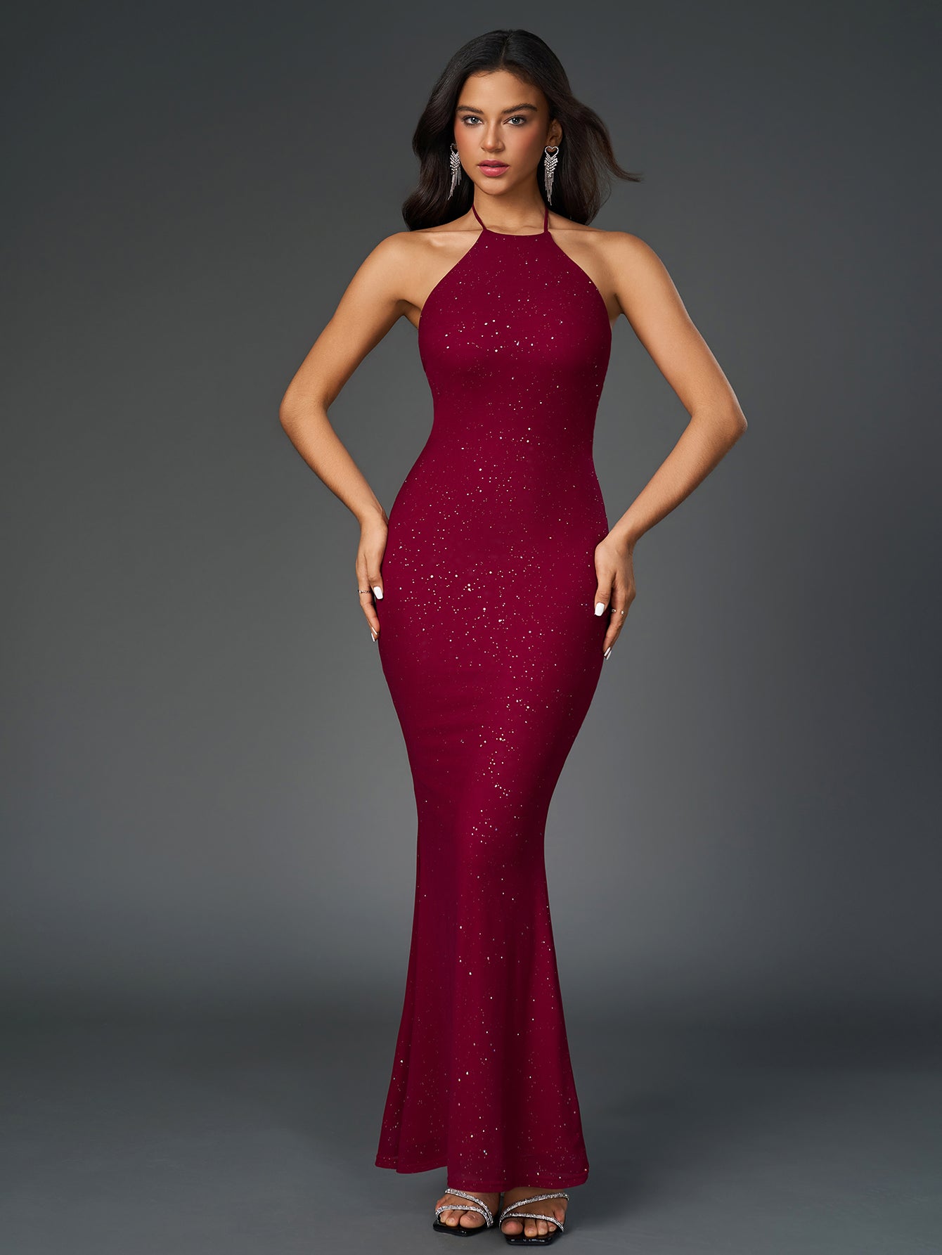 Sexy Sparkly Sleeveless Backless Ruched Bodycon Maxi Dress
