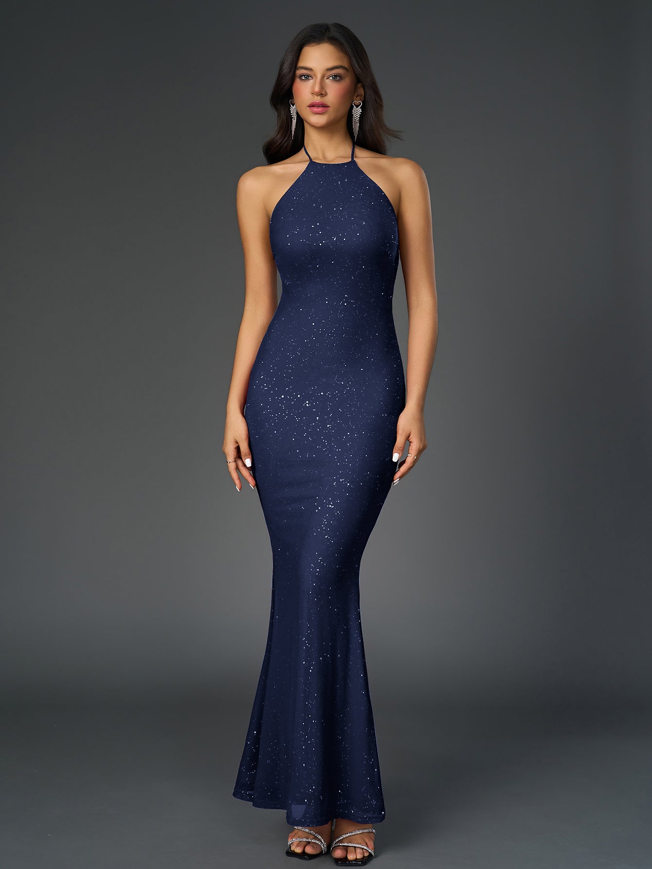 Sexy Sparkly Sleeveless Backless Ruched Bodycon Maxi Dress