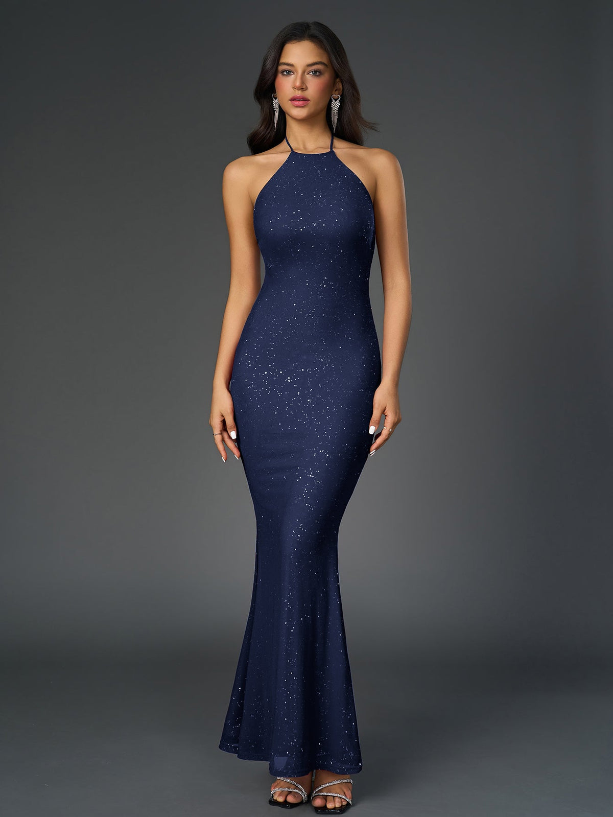 Sexy Sparkly Sleeveless Backless Ruched Bodycon Maxi Dress
