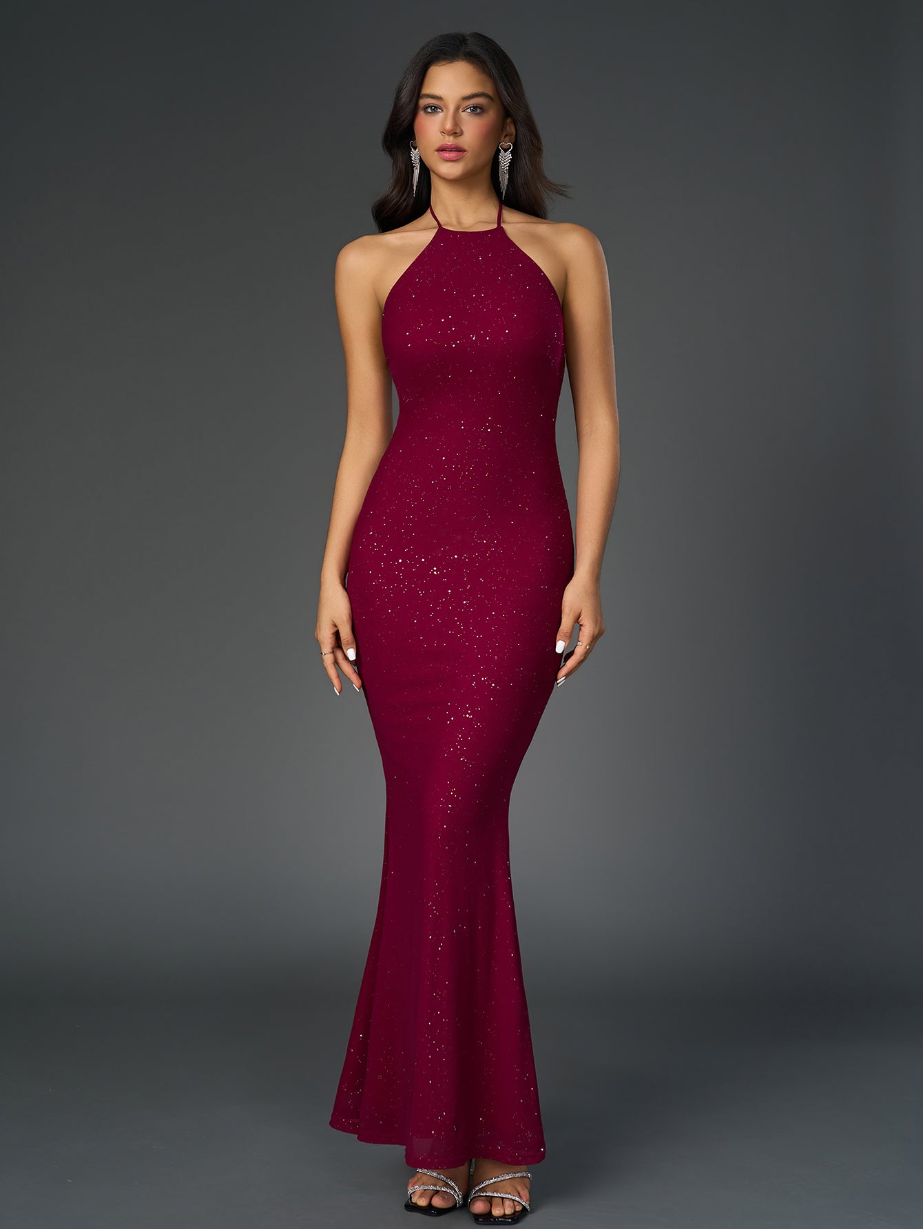 Sexy Sparkly Sleeveless Backless Ruched Bodycon Maxi Dress