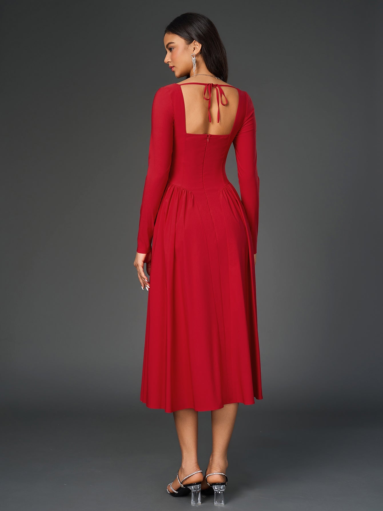Sexy Solid Square Neck Backless Long Sleeves Ruched Midi Dress