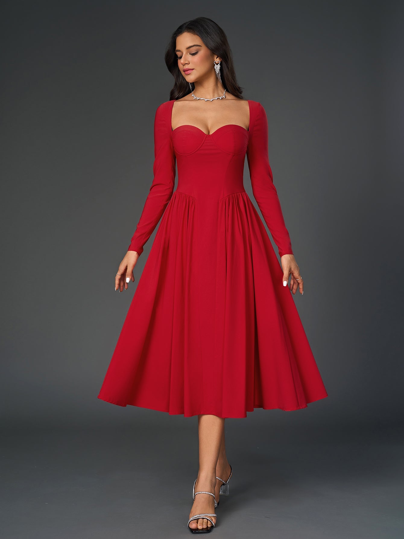 Sexy Solid Square Neck Backless Long Sleeves Ruched Midi Dress