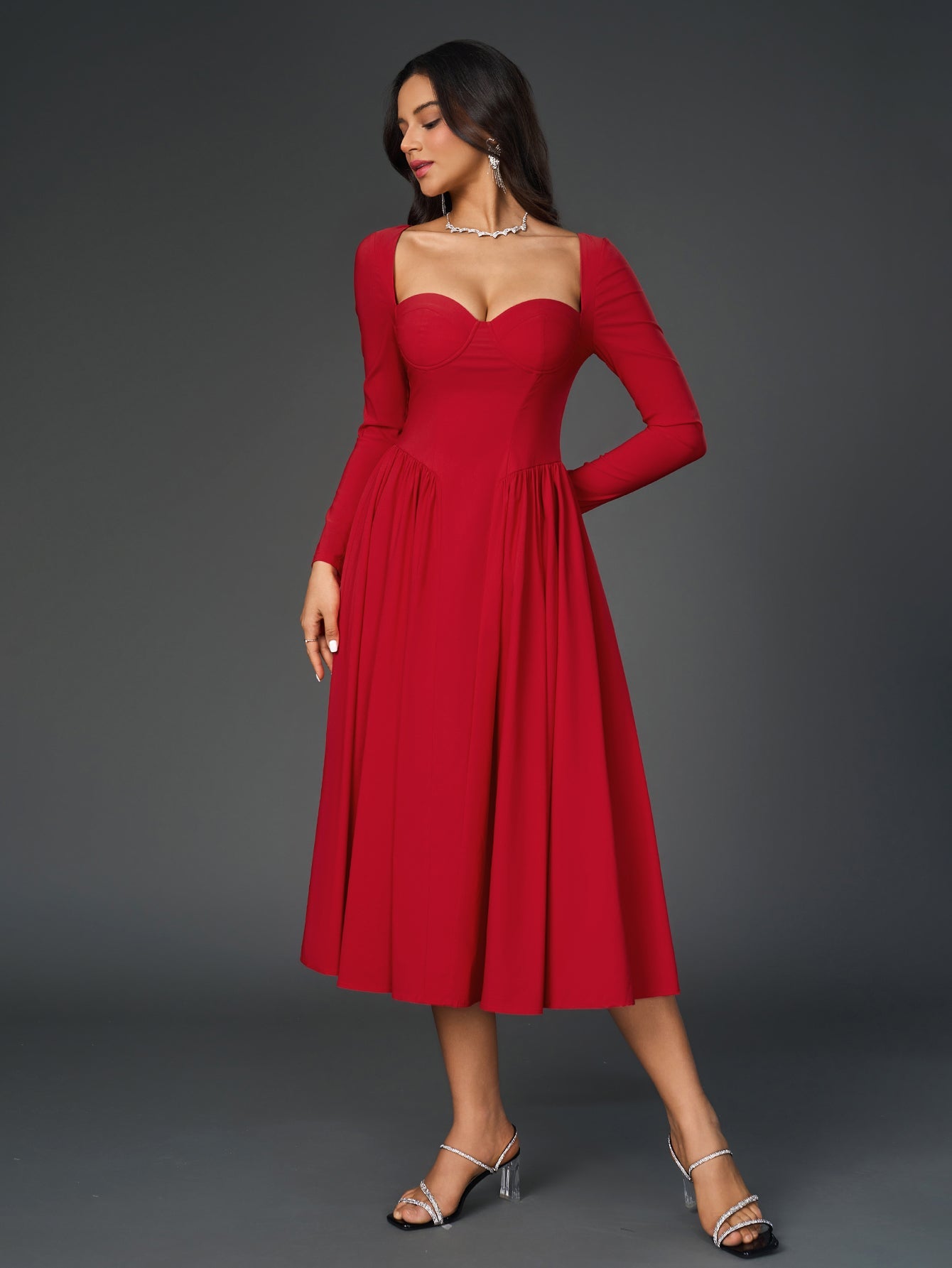 Sexy Solid Square Neck Backless Long Sleeves Ruched Midi Dress